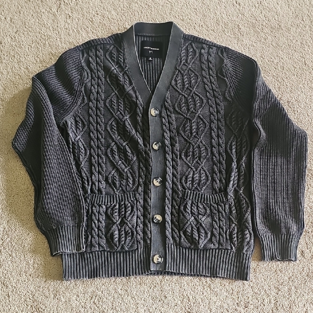 Lucky Brand Men's Charcoal Cable Knit Cardigan - Picture 2 of 6